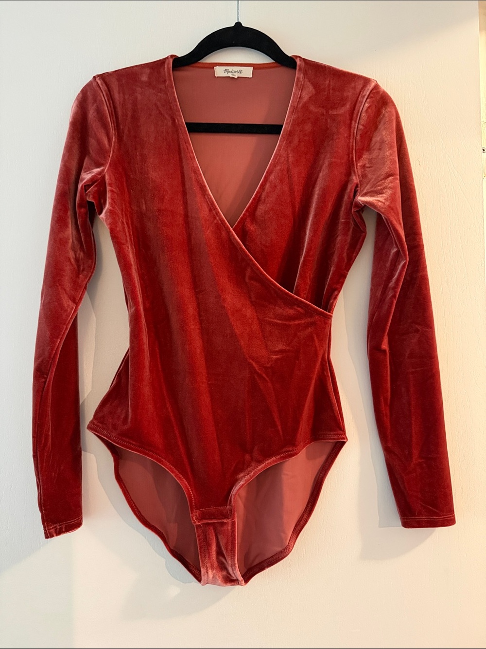 Madewell Crimson Velvet Wrap-Front Long-Sleeve Bodysuit
